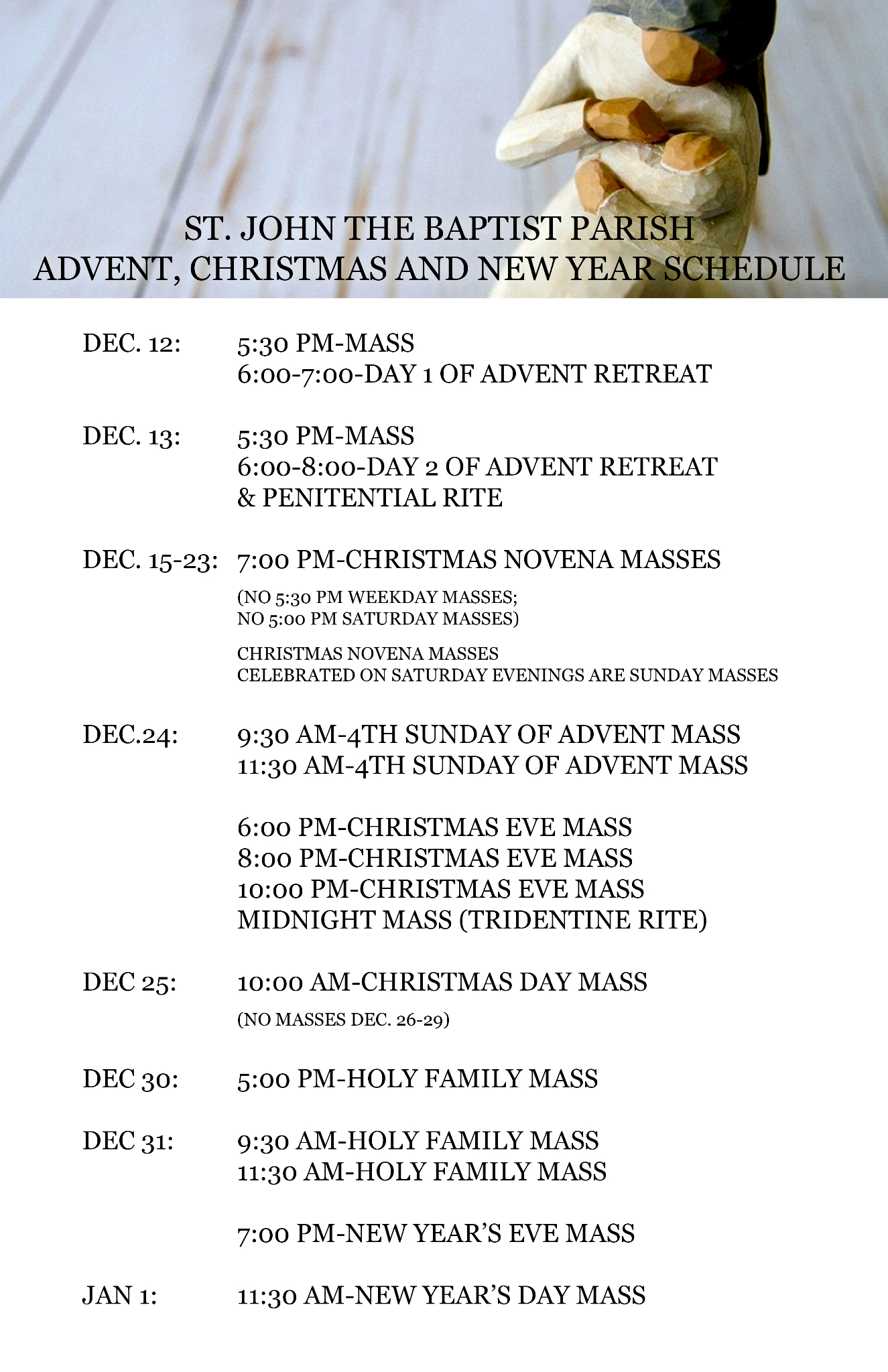 Mass Times graphic for St John the Baptist parish